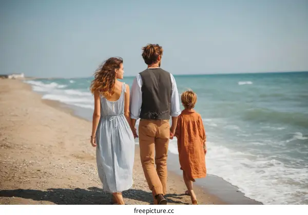 Family Walking on the Beach on a Sunny Day