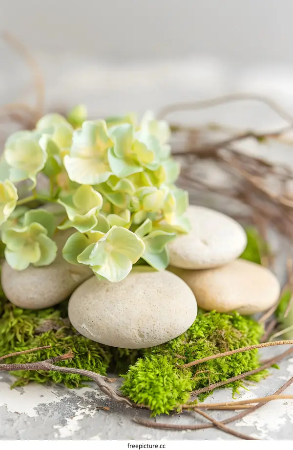 Closeup of White Stones Green Moss and Flowers