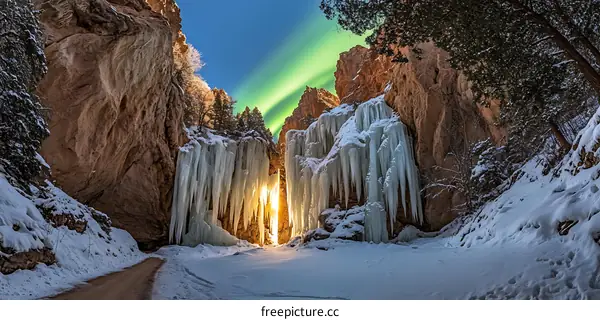 Frozen Waterfall Canyon with Aurora Borealis in the Sky