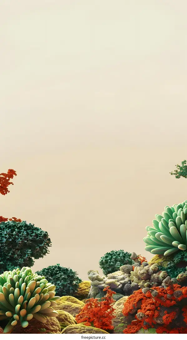 Abstract Green and Orange Colorful Plants on Beige Background