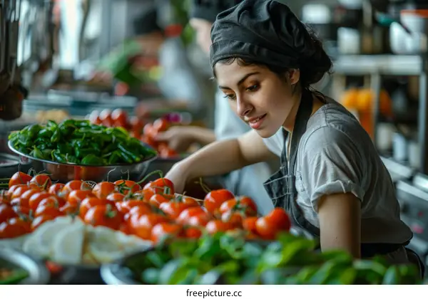 A chef is inspecting tomatoes in a restaurant kitchen.