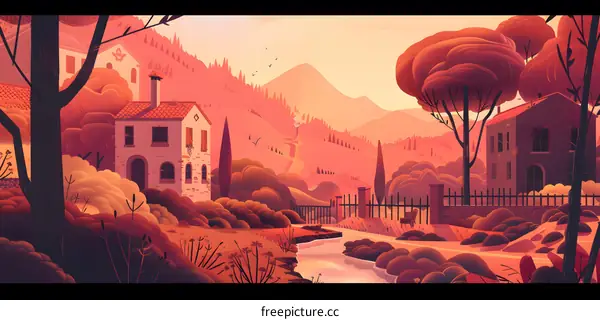 Sunset Village Illustration with Buildings, Trees, and a Stream