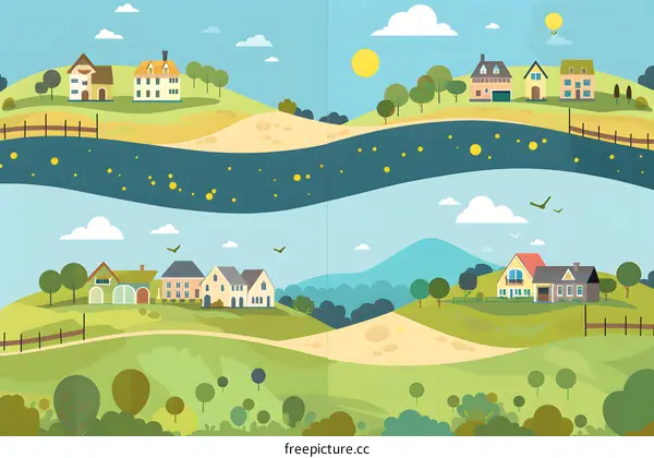 Cartoon Landscape Illustration with Green Hills, Blue Sky, and Houses