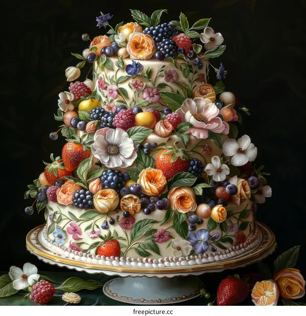Exquisite Cake Adorned with Vibrant Flowers and Fruits