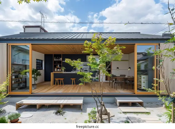 Modern Japanese House with Wooden Patio and Minimalist Interior Design