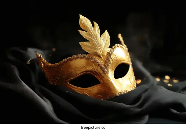 Golden Venetian Mask on Black Fabric