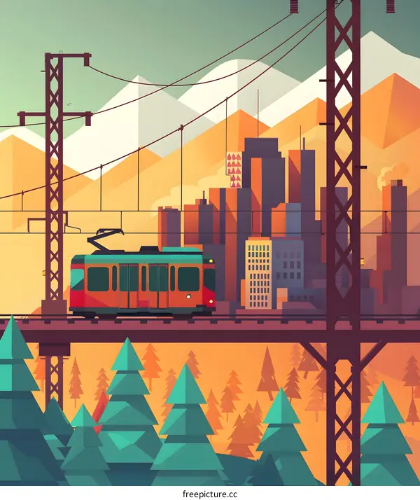 Cityscape with Tramway and Mountain Illustration