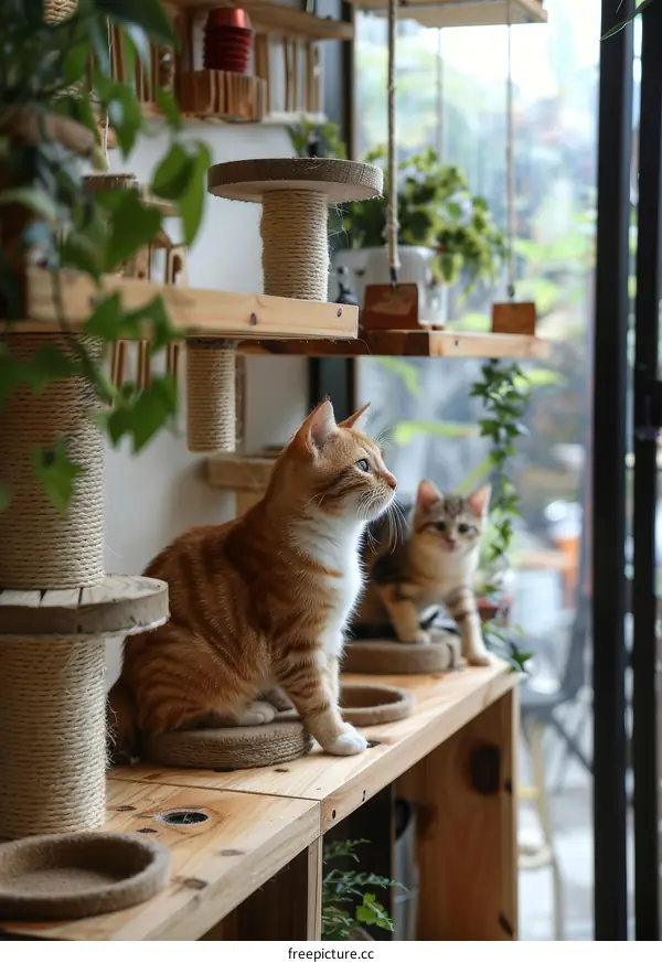 Two cats sitting on a wooden shelf in front of a window