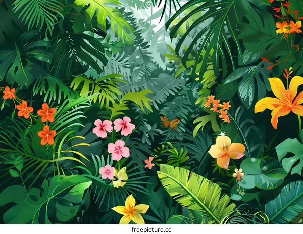 Tropical Jungle Illustration with Flowers and Butterfly