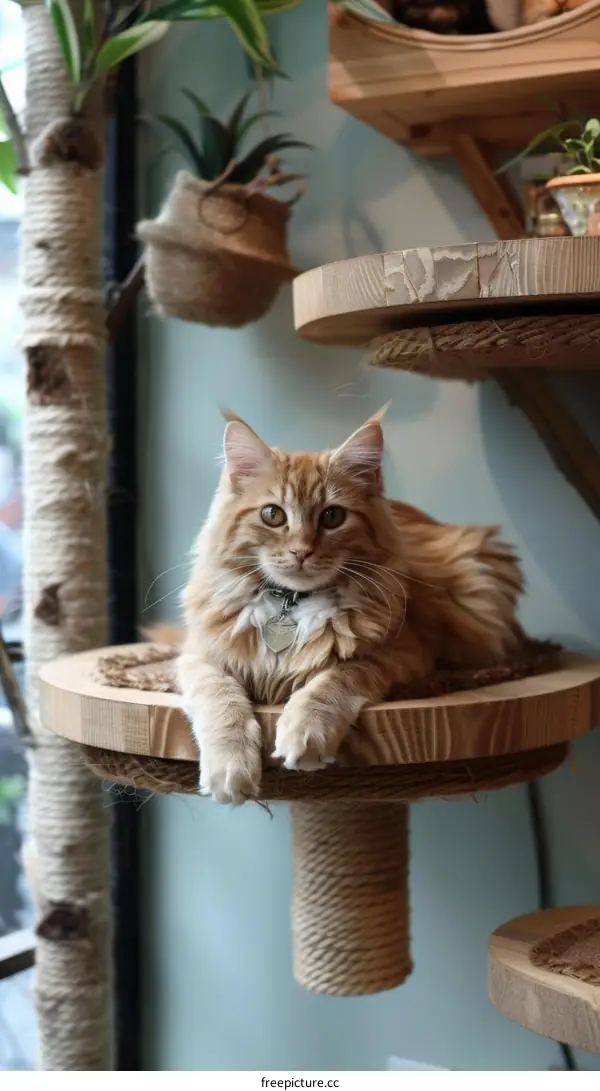 A ginger cat is sitting on a wooden cat tree looking at the camera