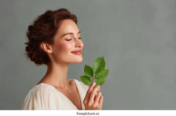 A Young Woman Holding Fresh Green Leaf with Closed Eyes
