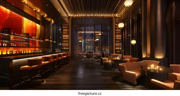 Modern hotel lobby bar with wood and marble interior
