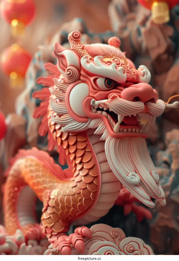 Chinese Dragon Statue Illustration in Red and Gold