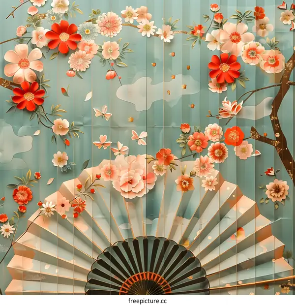 A painting of a fan with a floral pattern.
