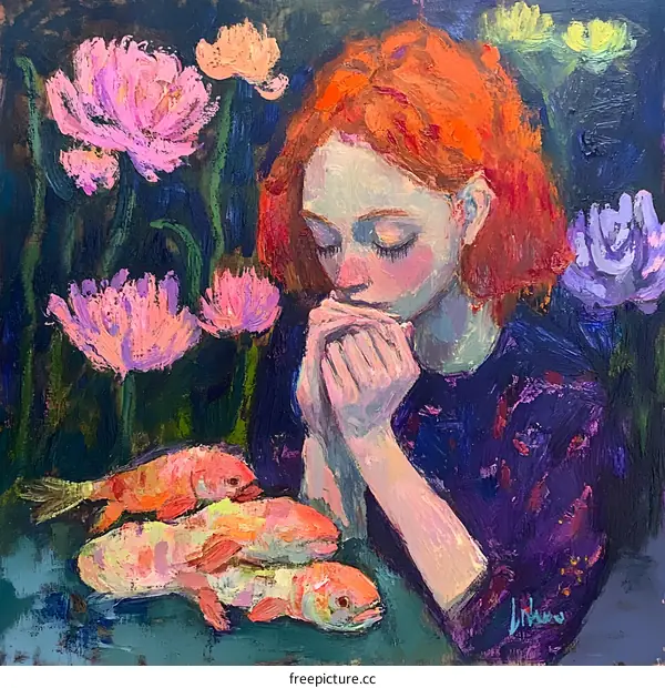 Woman Praying with Flowers and Fish