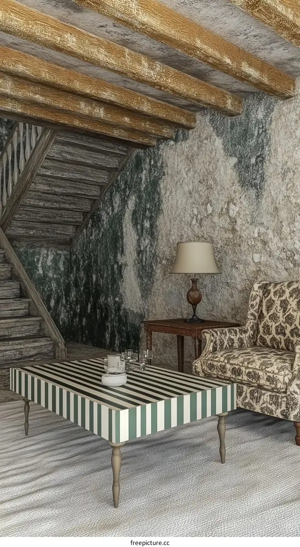 Rustic Interior Living Room with Striped Coffee Table