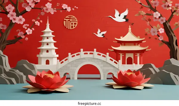 Traditional Chinese Paper Art with Cherry Blossoms and Pagodas
