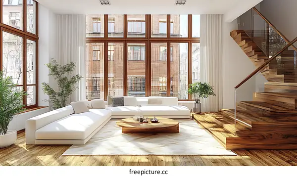 Modern Living Room with Wooden Staircase