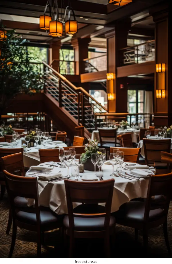 Luxurious Restaurant Interior with Round Tables and Chairs