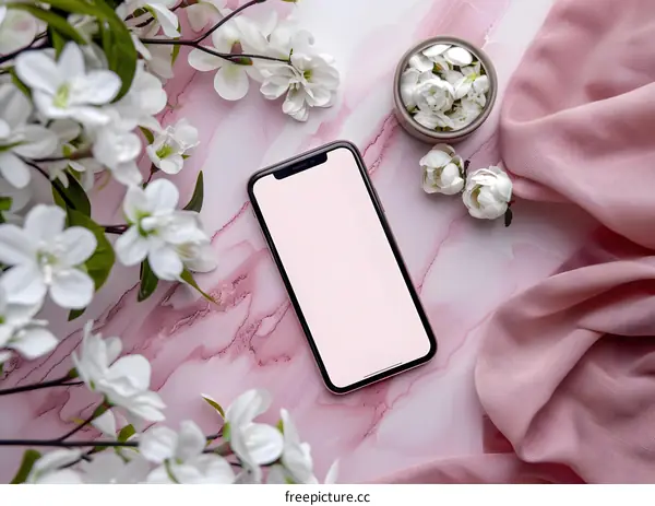 White Flowers and a Pink Smartphone on a Marble Background