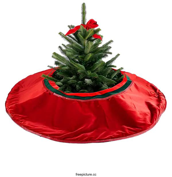 [Transparent Background PNG]Red Velvet Christmas Tree Skirt with Green Trim