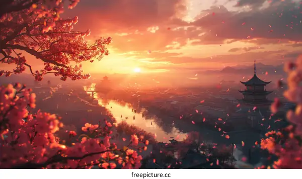 Serene Sunset Over Ancient Asian City