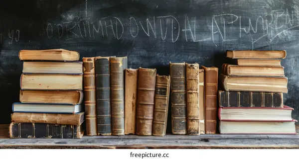A collection of old books on a wooden shelf with blackboard