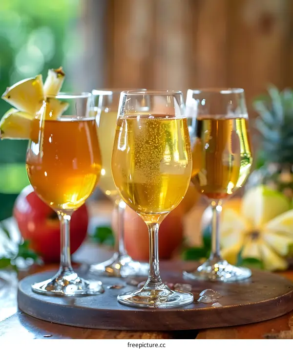 Four Glasses of Apple Cider on a Wooden Board
