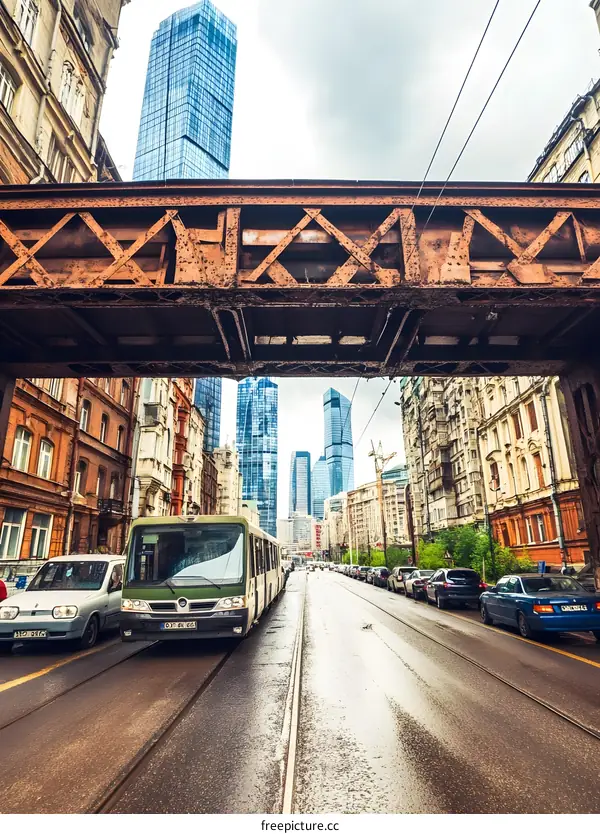 Old Bridge and Modern Buildings in City