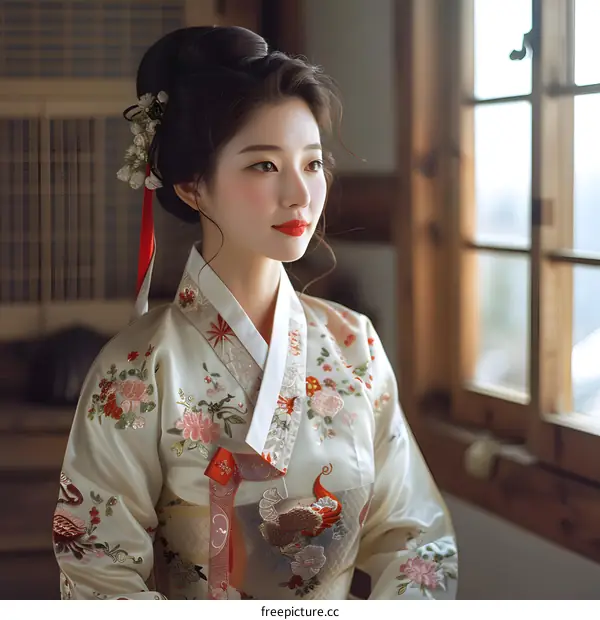 A beautiful young woman in a hanbok, a traditional Korean dress, is sitting by the window.