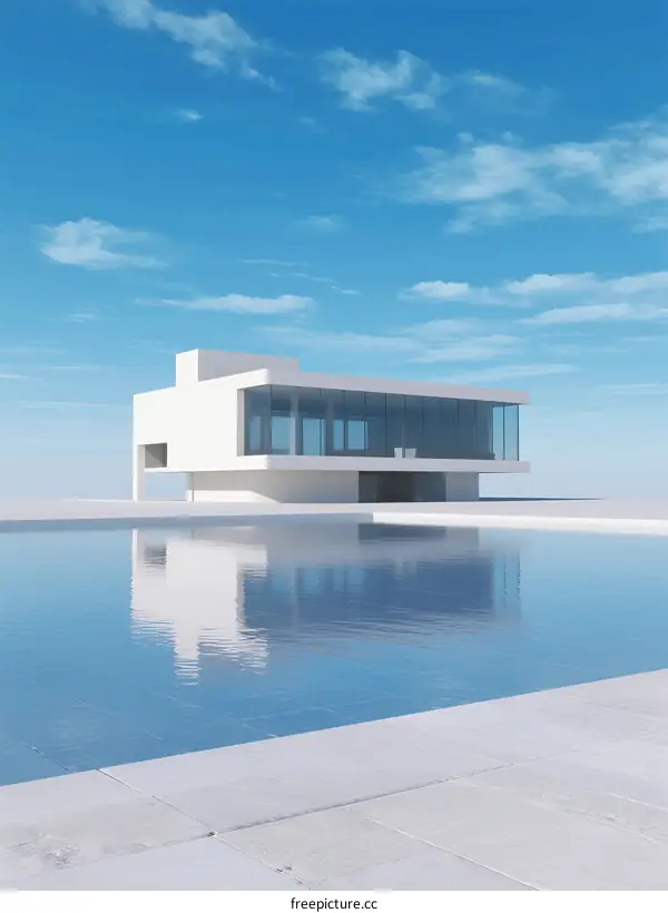 Modern Minimalist White House with Swimming Pool Under Blue Sky