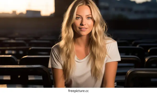 Smiling Blonde Woman in White Shirt Sitting in Stadium Seating