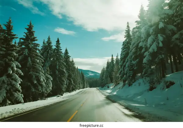 Snow-covered trees lining a scenic winter road under a clear sky