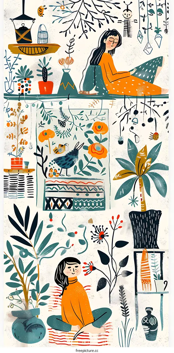 Illustration of Two Women Sitting in a Cozy Living Room with Plants and Flowers