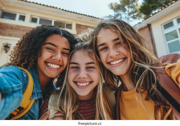 Three happy teenage girls taking a selfie together outdoors