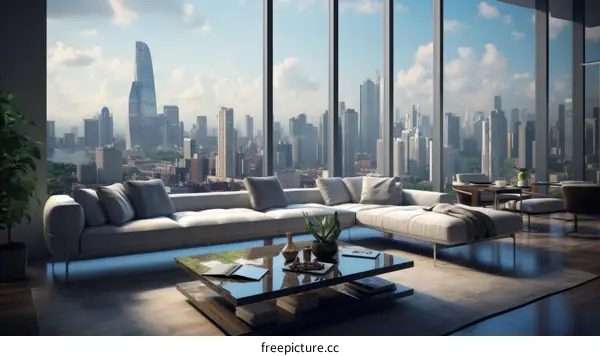A modern living room with a large glass window overlooking a city skyline