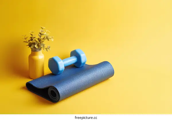 Yoga Mat with Dumbbell and Vase