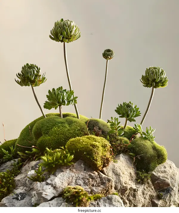 Green Mossy Rock with Small Flowers