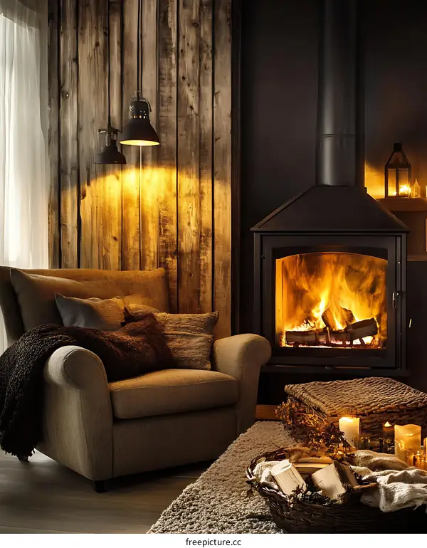 Cozy Living Room with Fireplace and Warm Lighting