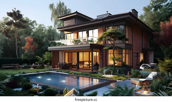 Modern House with Swimming Pool and Backyard