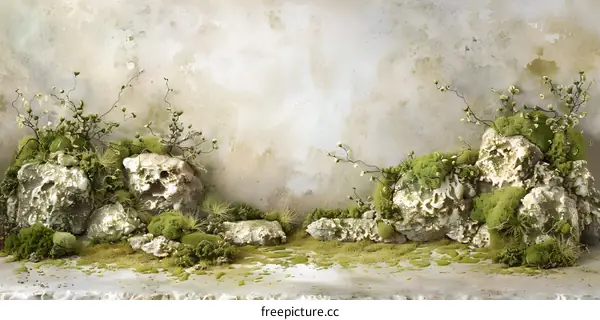 Moss Covered Rocks on a Green Background