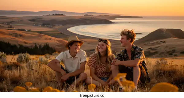 Friends Sitting on Hilltop at Sunset with a View of the Ocean