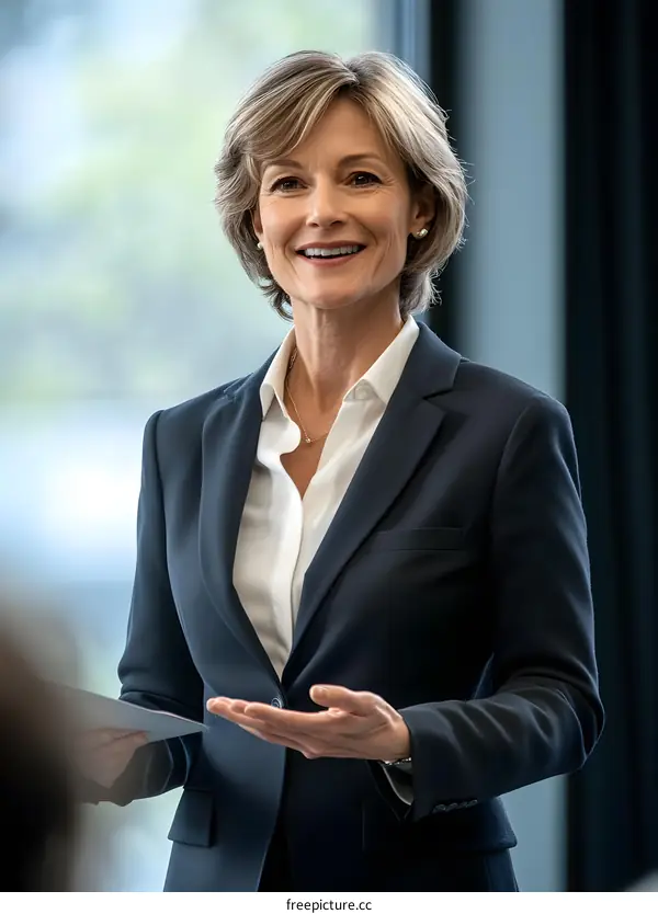 Smiling Business Woman in Suit During Presentation