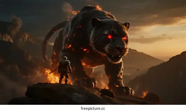 Epic Battle Between Warrior and Flaming Black Panther in Mountainous Landscape