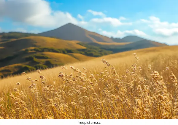 Golden Grass Field with Hills in the Background