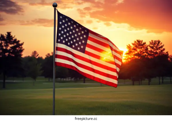 American Flag Waving in the Wind at Sunset