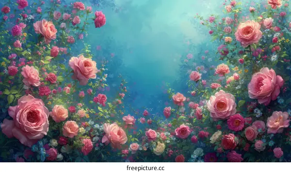 Pink roses and blue background