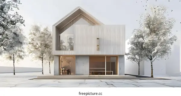 Modern Minimalist House with a Wooden Facade and Trees in the Background