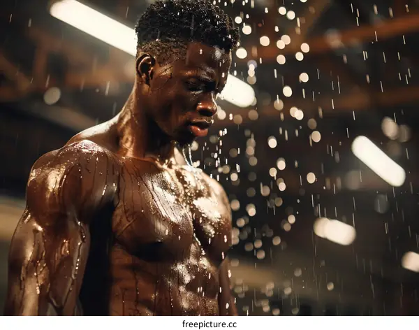 Black male athlete standing in the rain