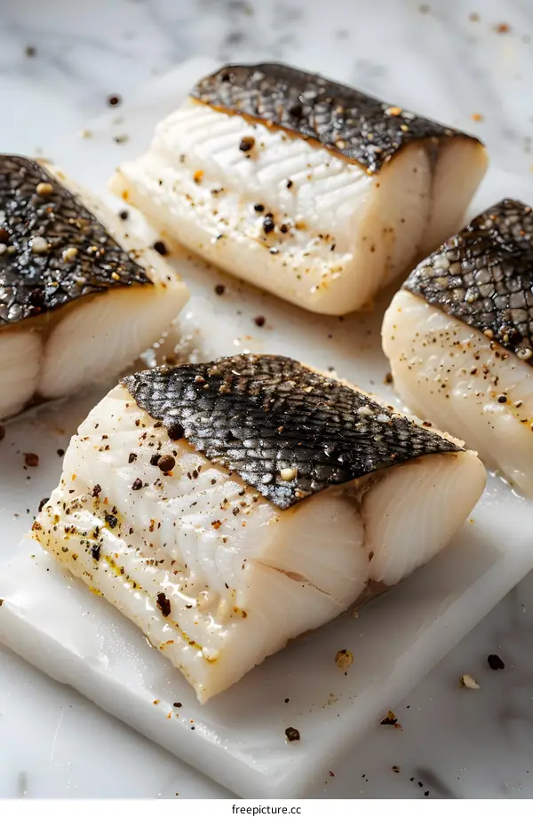Raw cod fillets seasoned with salt and pepper on a marble board